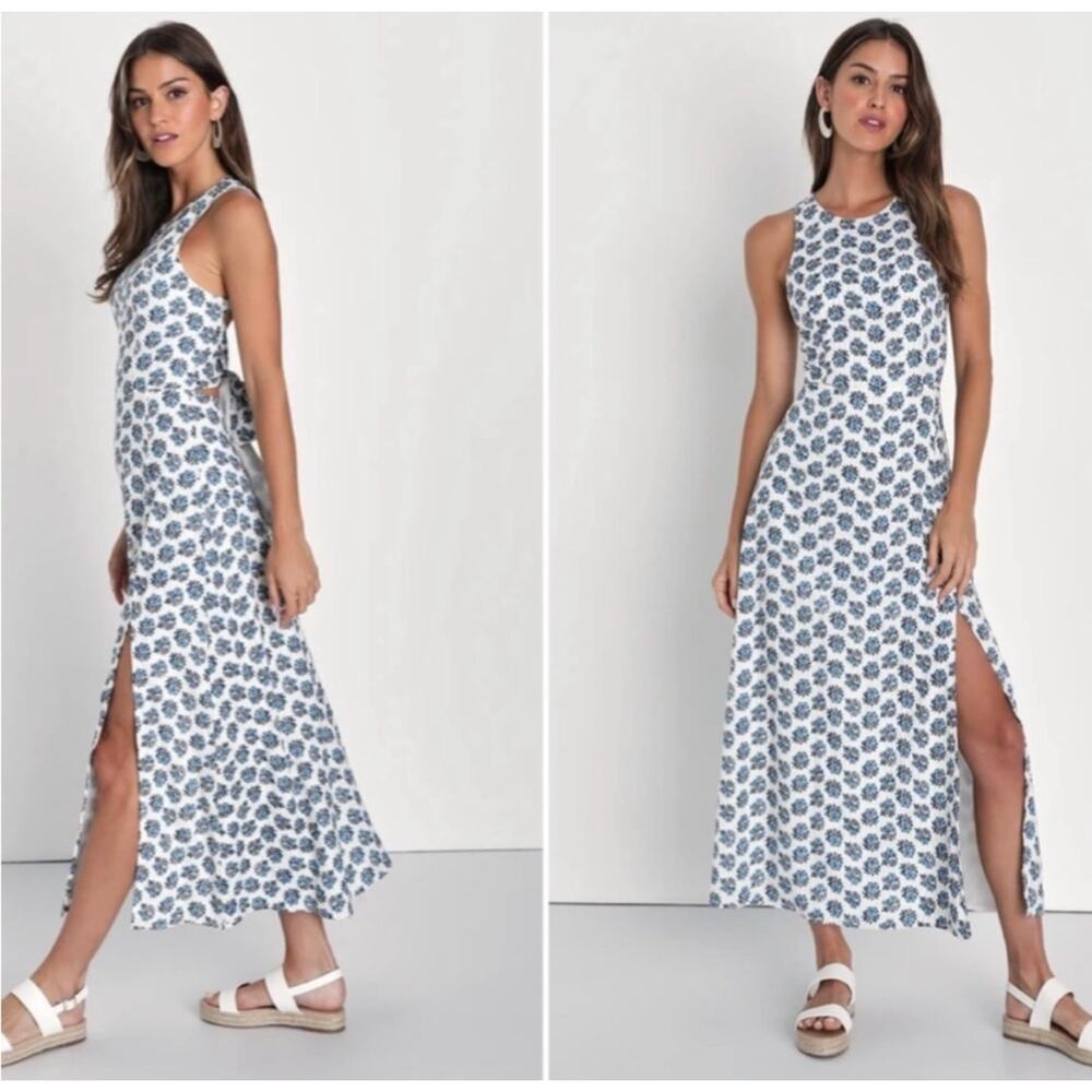 Lulus Flirty Fave Ivory Floral Print Tie-back Midi Dress White L